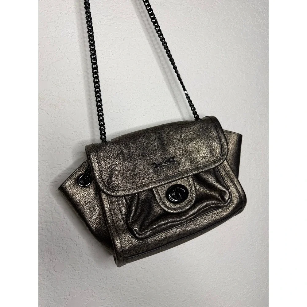 Y2K Coach Ranger Flap Metallic Black Leather Chain Crossbody Bag